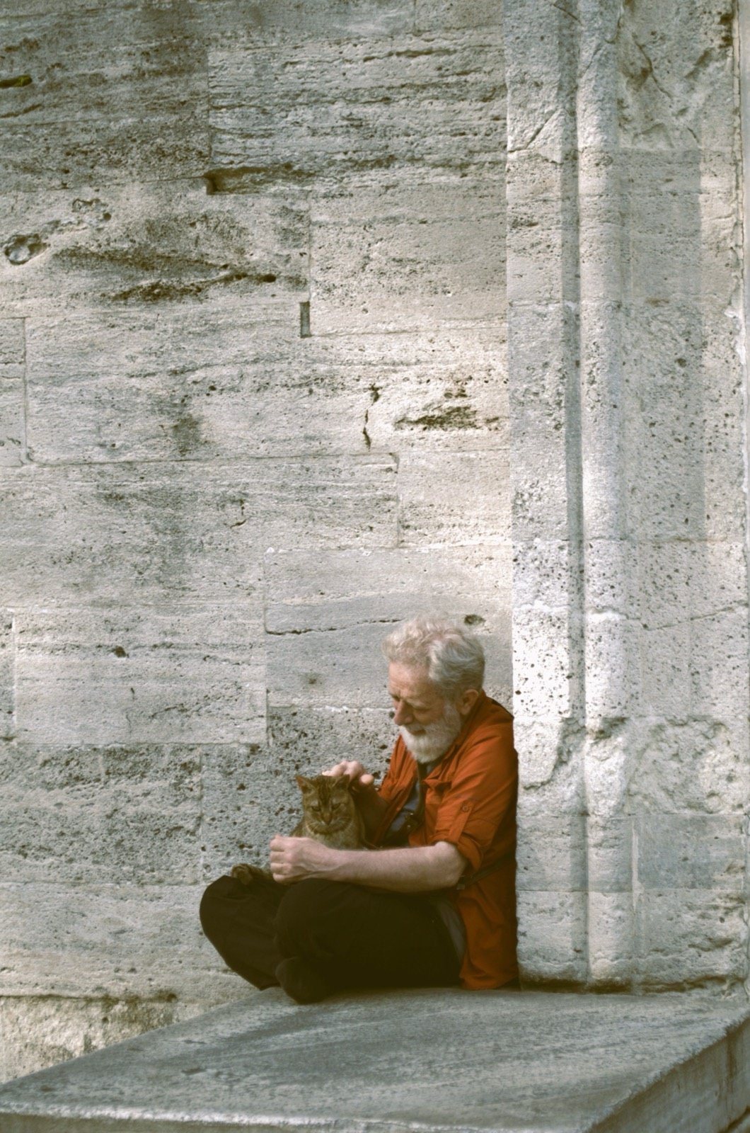 An older man sitting against a stone wall, gently stroking a tabby cat in his lap